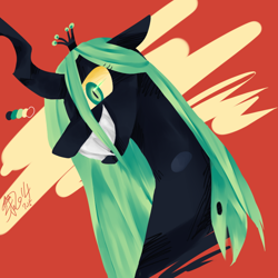 Size: 800x800 | Tagged: safe, artist:starblame, imported from derpibooru, queen chrysalis, changeling, changeling queen, crown, female, grin, jewelry, limited palette, pixiv, regalia, solo