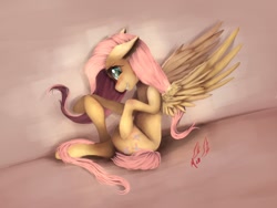 Size: 1200x900 | Tagged: safe, artist:miokomata, imported from derpibooru, fluttershy, blushing, fangs, female, floppy ears, looking at you, pose, sitting, smiling, solo, spread wings