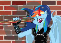 Size: 2526x1785 | Tagged: safe, artist:varijani, imported from derpibooru, rainbow dash, anthro, female, guitar, heavy metal, metal, metallica, nail polish, solo, thrash metal