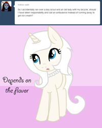 Size: 1000x1250 | Tagged: safe, artist:ivorylace, artist:katiespalace, imported from derpibooru, oc, oc only, oc:ivory lace, pony, unicorn, ask, solo, tumblr