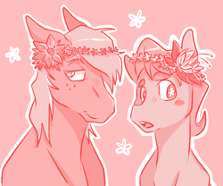 Size: 904x752 | Tagged: safe, artist:cleppyclep, imported from derpibooru, big macintosh, caramel, earth pony, pony, caramac, flower, flower in hair, gay, male, shipping, stallion