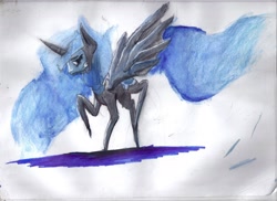 Size: 2338x1700 | Tagged: safe, artist:realorunan0459, imported from derpibooru, princess luna, female, frown, pointy ponies, raised hoof, raised leg, sad, solo, spread wings, traditional art