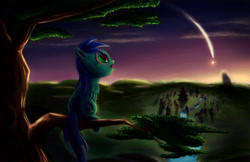 Size: 2500x1618 | Tagged: safe, artist:fox-moonglow, imported from derpibooru, oc, oc only, night, ponyville, scenery, solo, tree