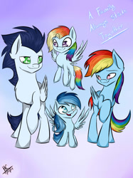 Size: 1024x1371 | Tagged: safe, artist:hayley1432, imported from derpibooru, rainbow dash, soarin', oc, oc:ragtag, oc:shooting star, family, female, filly, male, offspring, parent:rainbow dash, parent:soarin', parents:soarindash, shipping, soarindash, straight