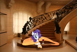 Size: 2816x1880 | Tagged: safe, artist:tokkazutara1164, artist:yanoda, imported from derpibooru, rarity, alternate hairstyle, clothes, dress, irl, photo, ponies in real life, shoes, solo, stairs, vector, wine glass, wink