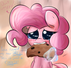 Size: 2100x2000 | Tagged: safe, artist:j151, imported from derpibooru, pinkie pie, blushing, cookie, crying, dialogue, female, frown, magic, puppy dog eyes, sad, solo, telekinesis