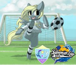 Size: 935x804 | Tagged: safe, imported from derpibooru, derpy hooves, pony, /mlp/, 4chan, 4chan cup, bipedal, clothes, featureless crotch, female, football, goalie, kicking, leg warmers, open mouth, patch, safest hooves, smiling, solo, underhoof