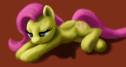 Size: 1496x796 | Tagged: safe, artist:odooee, imported from derpibooru, fluttershy, pegasus, pony, female, lying, mare, simple background, sleepy, solo