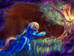 Size: 1200x900 | Tagged: safe, artist:viwrastupr, imported from derpibooru, rainbow dash, cover art, fanfic art, female, fire, rain, sad, solo, tree