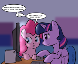 Size: 1000x815 | Tagged: safe, artist:empyu, imported from derpibooru, pinkie pie, twilight sparkle, alicorn, earth pony, pony, 30 minute art challenge, computer, duo, speech bubble, the sims, twilight sparkle (alicorn)