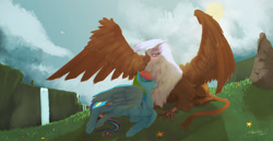 Size: 2332x1200 | Tagged: safe, artist:mechagen, imported from derpibooru, gilda, rainbow dash, griffon, blushing, chest fluff, female, gildash, lesbian, lying, shipping, spread wings