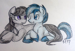 Size: 1400x955 | Tagged: safe, artist:rareponypairings, imported from derpibooru, octavia melody, shady daze, earth pony, pony, duo, female, male, older, shadytavia, shipping, smiling, straight, traditional art, unshorn fetlocks