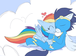 Size: 1334x984 | Tagged: safe, artist:baunily, imported from derpibooru, rainbow dash, soarin', cloud, cloudy, cuddling, cute, eyes closed, female, goggles, heart, male, nuzzling, on back, prone, shipping, smiling, snuggling, soarindash, straight, wonderbolts uniform