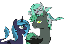 Size: 1113x761 | Tagged: safe, artist:starrynight32, imported from derpibooru, oc, oc only, oc:anastasia, oc:aquamarine, oc:peridot flame, dracony, pony, brother and sister, female, freckles, happy, male, mare, offspring, offspring's offspring, open mouth, parent:oc:princess nidra, parent:oc:turquoise blitz, parents:oc x oc, pony hat, riding, siblings, simple background, sisters, smiling, stallion, white background, wink
