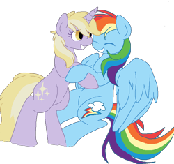 Size: 840x790 | Tagged: safe, artist:rareponypairings, imported from derpibooru, dinky hooves, rainbow dash, pegasus, pony, unicorn, crack shipping, dinkydash, duo, eyes closed, female, lesbian, older, older dinky hooves, shipping, smiling
