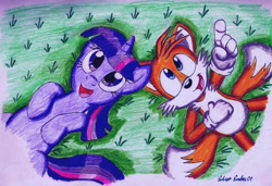 Size: 920x631 | Tagged: safe, artist:silversimba01, imported from derpibooru, twilight sparkle, crossover, cute, happy, looking up, miles "tails" prower, on back, open mouth, pointing, sonic the hedgehog (series), traditional art