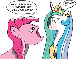 Size: 3249x2528 | Tagged: safe, artist:saburodaimando, imported from derpibooru, pinkie pie, princess celestia, andrea libman, angry, cake, cakelestia, caught, this will end in tears