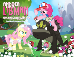 Size: 898x695 | Tagged: safe, artist:pixelkitties, imported from derpibooru, fluttershy, gummy, pinkie pie, seabreeze, breezie, pony, andrea libman, ash ketchum, female, flutternurse, male, nurse joy, pixelkitties' brilliant autograph media artwork, poké ball, pokéball, pokémon, voice actor joke