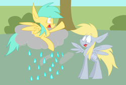 Size: 1024x696 | Tagged: safe, artist:dizzee-toaster, imported from derpibooru, derpy hooves, sunshower raindrops, pegasus, pony, cloud, female, mare, rain