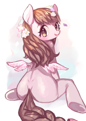 Size: 700x990 | Tagged: safe, artist:nitronic, imported from derpibooru, oc, oc only, anatomically incorrect, butt, flower in hair, incorrect leg anatomy, looking back, pixiv, plot, sitting, solo, underhoof