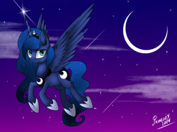 Size: 1024x761 | Tagged: safe, artist:pxoenix2014, imported from derpibooru, princess luna, female, flying, looking at you, moon, night, smiling, solo