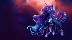 Size: 1920x1080 | Tagged: dead source, safe, artist:makkon, imported from derpibooru, princess luna, alicorn, pony, eclipse, ethereal mane, female, hoof shoes, horn, jewelry, looking at you, lunar eclipse, raised hoof, regalia, smiling, solo, sparkles, wallpaper, wings