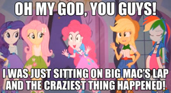 Size: 631x344 | Tagged: safe, imported from derpibooru, applejack, fluttershy, pinkie pie, rainbow dash, rarity, equestria girls, exploitable meme, implied erection, implied pinkiemac, meme, pinkie has a crazy idea