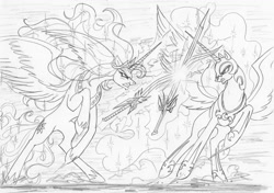 Size: 1300x917 | Tagged: safe, artist:leovictor, imported from derpibooru, nightmare moon, nightmare star, princess celestia, oc, oc:nyx, angry, disguise, fight, frown, glare, gritted teeth, lineart, magic, monochrome, raised hoof, rearing, spread wings, sword, telekinesis, weapon