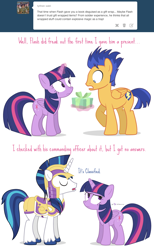 Size: 800x1300 | Tagged: safe, artist:dm29, imported from derpibooru, flash sentry, shining armor, twilight sparkle, alicorn, pony, ask, captain armor and guard sentry, female, flashlight, magic, male, mare, present, scared, shipping, straight, tumblr, twilight sparkle (alicorn)