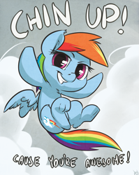 Size: 1191x1500 | Tagged: safe, artist:atryl, imported from derpibooru, rainbow dash, pegasus, pony, chibi, female, looking at you, positive ponies, smiling, solo, underhoof