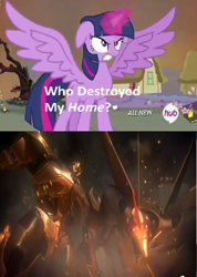 Size: 844x1184 | Tagged: safe, imported from derpibooru, twilight sparkle, alicorn, pony, twilight's kingdom, clash of hasbro's titans, darkest hour, exploitable meme, female, mare, megatron, meme, starscream, this will end in dismantling, transformers, transformers prime, twilight sparkle (alicorn), who destroyed twilight's home