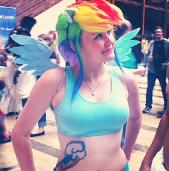 Size: 601x608 | Tagged: safe, artist:dawnshadow187, imported from derpibooru, rainbow dash, human, clothes, cosplay, irl, irl human, midriff, photo, sports bra