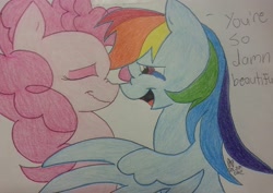 Size: 2660x1880 | Tagged: safe, artist:dawnshadow187, imported from derpibooru, pinkie pie, rainbow dash, female, lesbian, pinkiedash, shipping, traditional art
