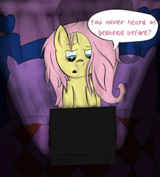 Size: 500x554 | Tagged: safe, artist:rainb0wdashie, imported from derpibooru, fluttershy, ask lonershy, bed, computer, dark room, female, laptop computer, messy mane, solo, speech bubble