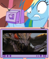 Size: 992x1184 | Tagged: safe, imported from derpibooru, rainbow dash, kaiju, exploitable meme, godzilla (series), godzilla vs megaguirus, megaguirus, meme, obligatory pony, slasher smile, tv meme