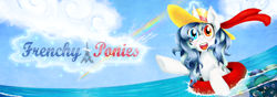 Size: 1024x360 | Tagged: safe, artist:vantardise, imported from derpibooru, oc, oc only, oc:flora prima, pony, unicorn, banner, beach, cloud, cloudy, female, france, french, frenchy-ponies, happy, hat, heterochromia, inner tube, mare, ocean, rainbow, ribbon, smiling, solo, summer, text, water, waving