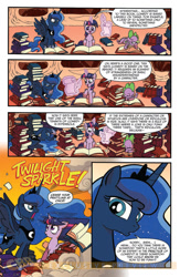 Size: 900x1384 | Tagged: safe, artist:tonyfleecs, idw, imported from derpibooru, princess luna, spike, twilight sparkle, alicorn, pony, spoiler:comic, spoiler:comicff7, book, comic, comic book resources, female, golden oaks library, idw advertisement, mare, preview, spread wings, traditional royal canterlot voice, twilight sparkle (alicorn)