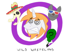 Size: 800x600 | Tagged: safe, artist:hombre cerdo, artist:wigmania, imported from derpibooru, rover, oc, oc:anon, oc:littlepip, diamond dog, human, pony, unicorn, fallout equestria, 3d glasses, clothes, dazed, dizzy, fanfic, fanfic art, female, floppy ears, gritted teeth, head, horn, jumpsuit, mare, parody, pipbuck, skull, teeth, vault suit, wild wasteland