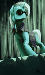 Size: 422x700 | Tagged: safe, artist:adolphbartels, imported from derpibooru, trixie, pony, unicorn, audience, cape, clothes, crossover, curtains, female, mare, red lights, solo, stage, sunglasses