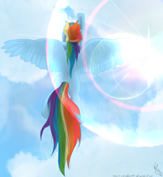 Size: 1024x1118 | Tagged: safe, artist:sonicrainboom93, imported from derpibooru, rainbow dash, pegasus, pony, cloud, female, flying, goggles, lens flare, mare, sky, solo, spread wings, wings