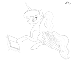 Size: 1280x1059 | Tagged: safe, artist:iraincloud, imported from derpibooru, princess luna, lunadoodle, alternate hairstyle, book, female, monochrome, ponytail, reading, solo