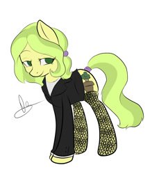 Size: 1800x2087 | Tagged: safe, artist:mrrowboat, imported from derpibooru, oc, oc only, oc:sequoia, earth pony, pony, business suit, clothes, female, fishnets, lidded eyes, mane down, mare, ponytail, simple background, smiling, solo, stockings, tail wrap, white background