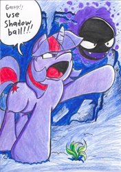 Size: 1645x2333 | Tagged: safe, artist:iyzeekiil, imported from derpibooru, twilight sparkle, gastly, crossover, pokémon, traditional art