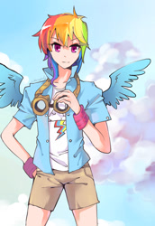 Size: 900x1308 | Tagged: safe, artist:cuhenghdj, imported from derpibooru, rainbow dash, human, clothes, female, goggles, humanized, looking at you, shorts, solo, spread wings, winged humanization, wings, wristband