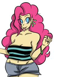 Size: 612x792 | Tagged: safe, artist:inuyuru, imported from derpibooru, pinkie pie, human, :p, belly button, bracelet, cleavage, clothes, curvy, earring, female, humanized, looking at you, midriff, shorts, smiling, solo, tongue out