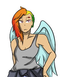 Size: 612x792 | Tagged: safe, artist:inuyuru, imported from derpibooru, rainbow dash, human, cleavage, clothes, eyebrow piercing, female, humanized, solo, tanktop