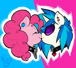 Size: 600x530 | Tagged: safe, artist:collaredginger, imported from derpibooru, dj pon-3, pinkie pie, vinyl scratch, earth pony, pony, unicorn, boop, bust, collar, duo, earring, eyes closed, female, head, kiss on the lips, kissing, lesbian, mare, noseboop, piercing, shipping, smiling, spiked collar, vinylpie