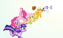 Size: 794x477 | Tagged: safe, artist:thelunarmage, imported from derpibooru, applejack, fluttershy, pinkie pie, rainbow dash, rarity, twilight sparkle, gradient background, mane six, pixel art