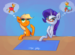 Size: 1500x1100 | Tagged: safe, artist:senx, imported from derpibooru, applejack, rarity, clothes, dress, glasses, pencil, pictogram, rarity's glasses, that pony sure does love apples, thought bubble