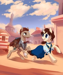 Size: 1280x1513 | Tagged: safe, artist:purmu, imported from derpibooru, pony, unicorn, bandage, bioshock, bioshock infinite, booker dewitt, clothes, dress, elizabeth, female, magic, mare, ponified, running, songbird, thimble